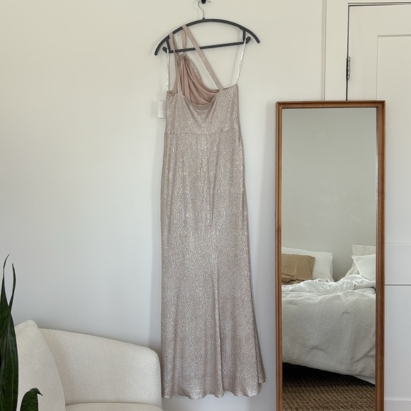 NWT Dessy Collection Silver Pink Rose One Shoulder Formal Gown Maxi Prom Dress - Picture 5 of 8